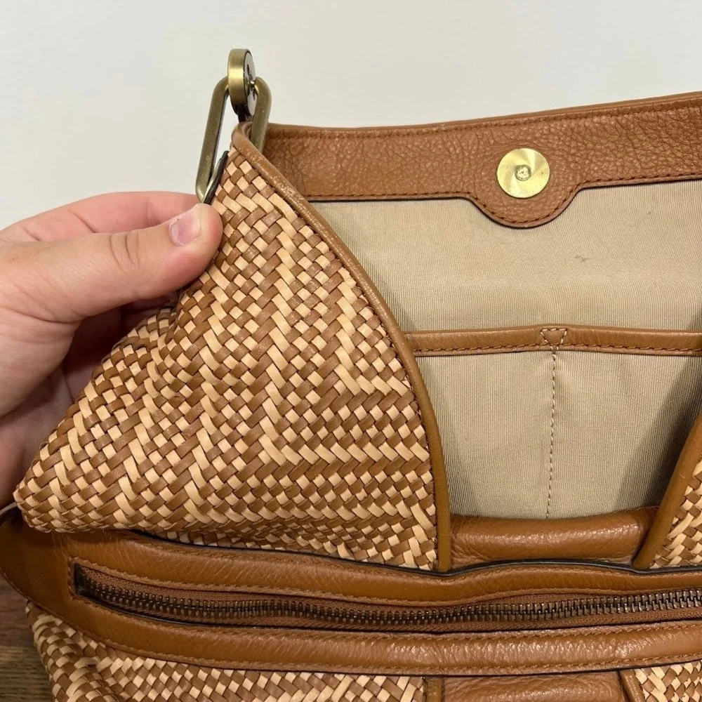 Michael Kors Brooklyn Woven Chevron Leather Shoulder Bag Tan Brown Tassel Hobo